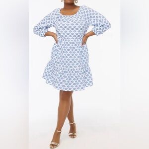 J. Crew White and Blue Printed Scoopneck Mini Dress